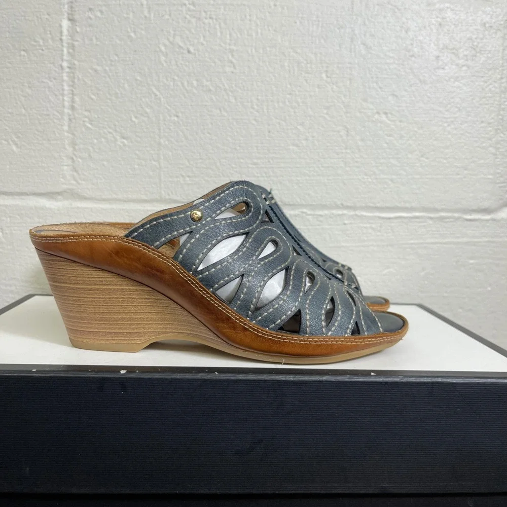 Pikolinos Capri Laser Cut Wedge Sandals Mules Blue Leather Women's 38‎ EU/8 US